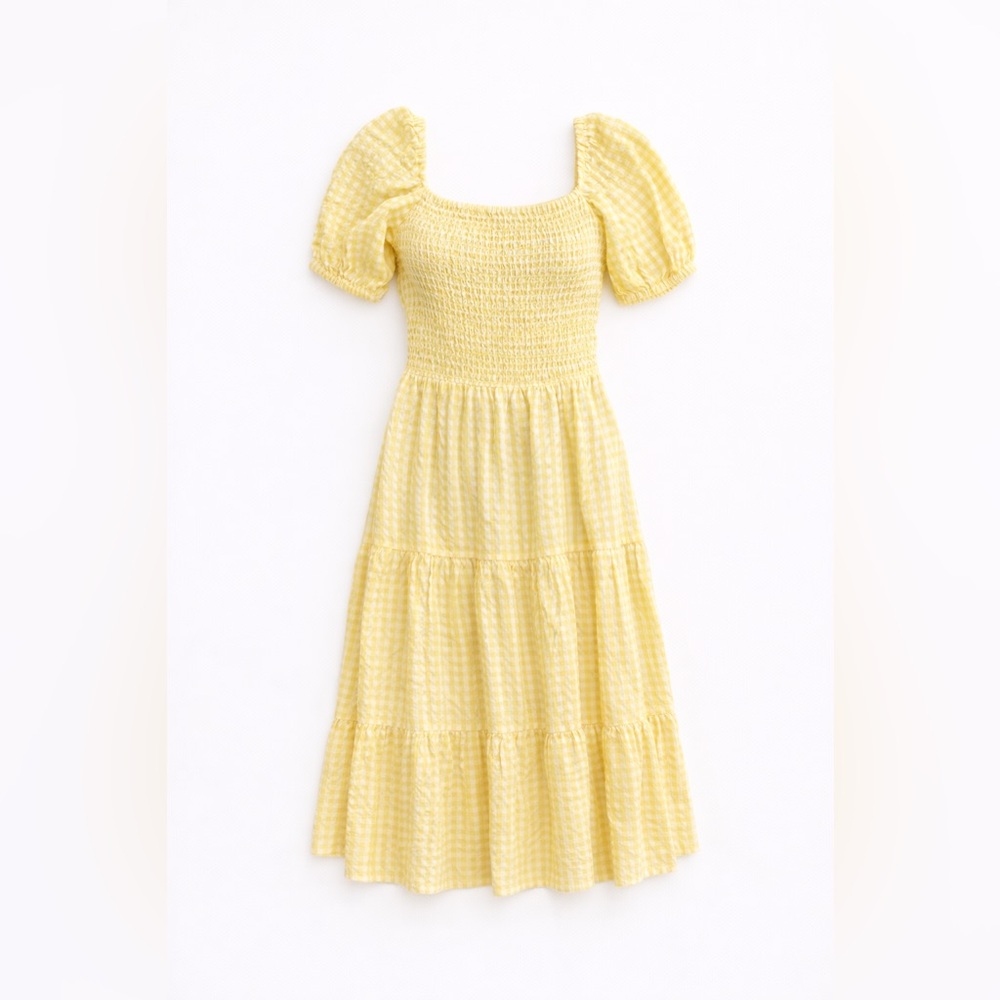 NWT Yellow Gingham Smocked Midi Dress Puff Sleeve Cottagecore Resort Vacation M - Picture 7 of 17